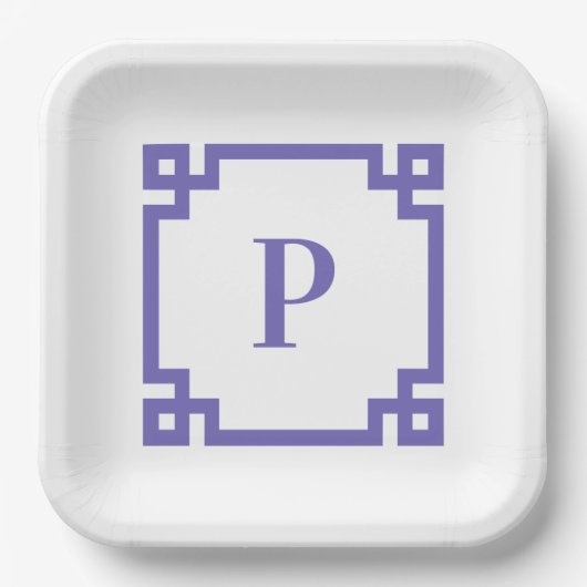 Periwinkle Greek Key Square Border Monogram Papieren Bordje (Voorkant)