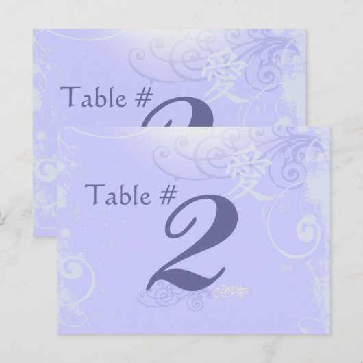 Periwinkle Kanji Love Swirl Wedding Table Number Briefkaart (Voorkant / Achterkant)