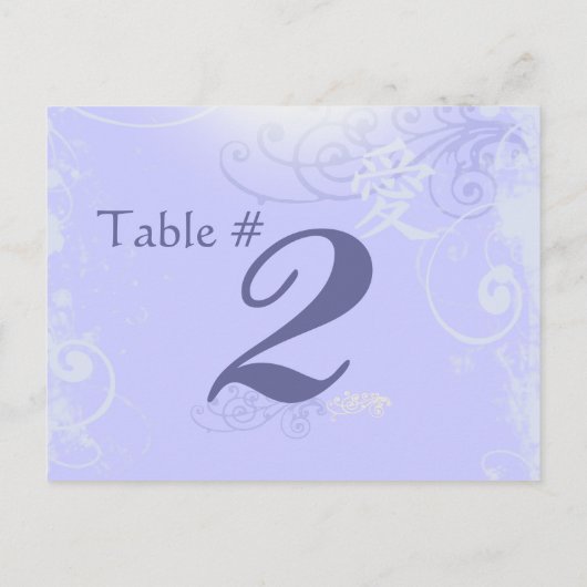 Periwinkle Kanji Love Swirl Wedding Table Number Briefkaart (Achterkant)