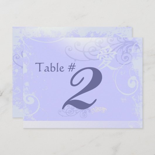 Periwinkle Kanji Love Swirl Wedding Table Number Briefkaart (Voorkant / Achterkant)