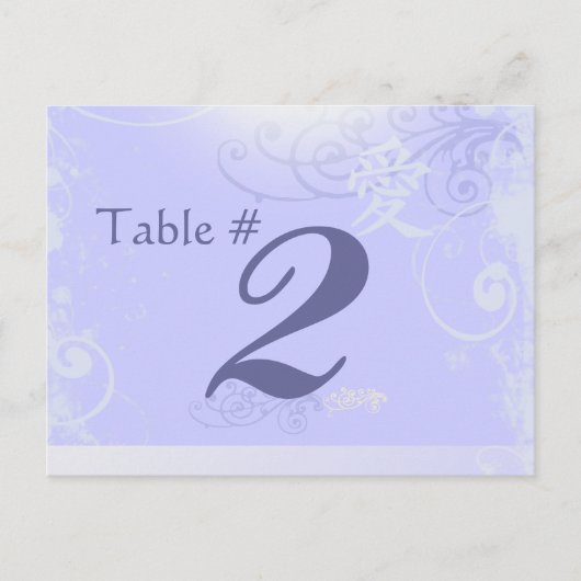 Periwinkle Kanji Love Swirl Wedding Table Number Briefkaart (Voorkant)
