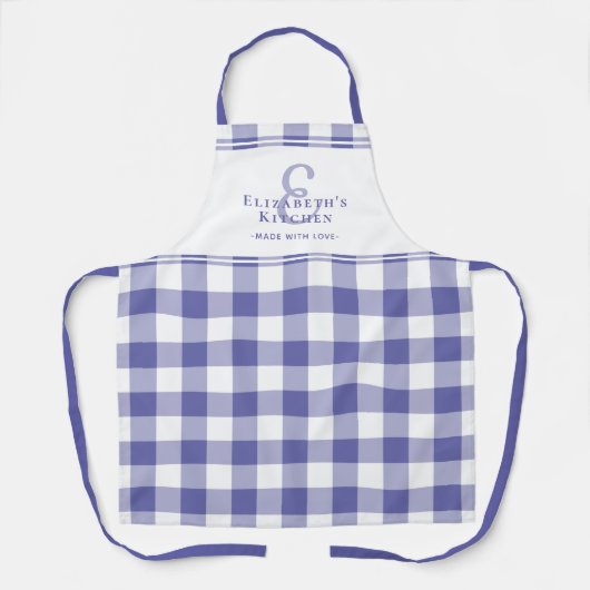 Periwinkle Kitchen Monogram Naam Gingham Check Schort (Voorkant)