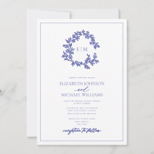 Periwinkle Leafy Crest Monogram Foto bruiloft Kaart (Voorkant)