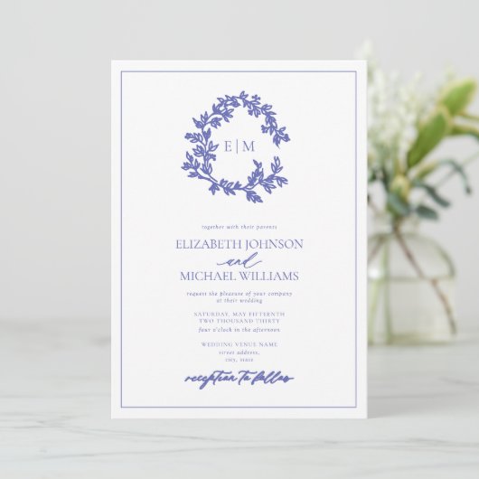 Periwinkle Leafy Crest Monogram Foto bruiloft Kaart (Staand voorkant)