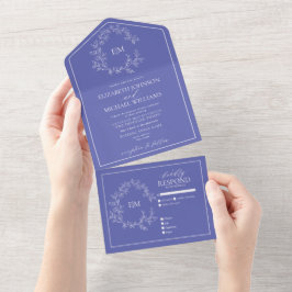 Periwinkle Leafy Crest Monogram Weddenschap All In One Uitnodiging