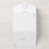 Periwinkle Leafy Crest Monogram Weddenschap All In One Uitnodiging (Buitenkant)