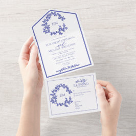 Periwinkle Leafy Crest Monogram Weddenschap All In One Uitnodiging
