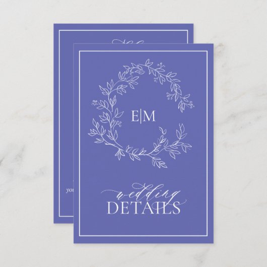 Periwinkle Leafy Crest Monogram Weddenschap Detail Informatiekaartje (Voorkant / Achterkant)