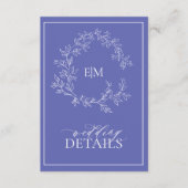 Periwinkle Leafy Crest Monogram Weddenschap Detail Informatiekaartje (Voorkant)