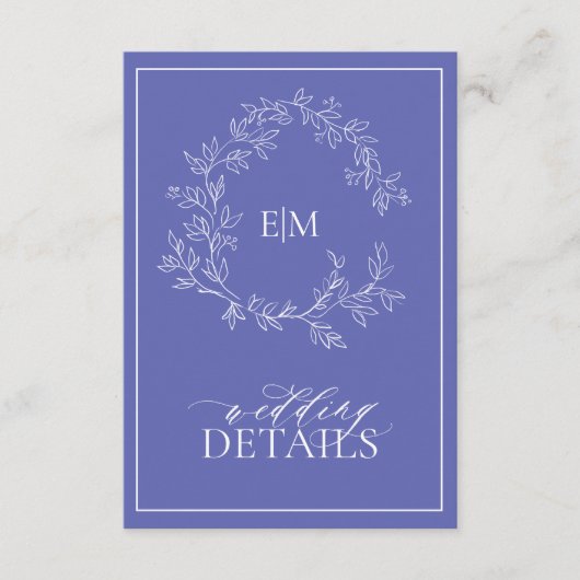 Periwinkle Leafy Crest Monogram Weddenschap Detail Informatiekaartje (Voorkant)