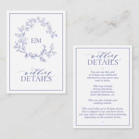 Periwinkle Leafy Crest Monogram Weddenschap Detail Informatiekaartje (Voorkant / Achterkant)