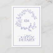 Periwinkle Leafy Crest Monogram Weddenschap Detail Informatiekaartje (Voorkant)