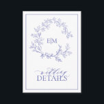 Periwinkle Leafy Crest Monogram Weddenschap Detail Informatiekaartje<br><div class="desc">We houden van deze trendy, moderne periwinkle-kaart! Eenvoudig, elegant, en oh-zo-, hij is voorzien van een handgetekende leafy grot die een modern huwelijksmonogram omringt. Het is gepersonaliseerd in elegante typografie, en geaccentueerd met hand-briefed kalligrafie. Tot slot wordt het in een delicaat lijst in orde gebracht en de achterzijde van de...</div>