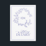 Periwinkle Leafy Crest Monogram Weddenschap Detail Informatiekaartje<br><div class="desc">We houden van deze trendy, moderne periwinkle-kaart! Eenvoudig, elegant, en oh-zo-, hij is voorzien van een handgetekende leafy grot die een modern huwelijksmonogram omringt. Het is gepersonaliseerd in elegante typografie, en geaccentueerd met hand-briefed kalligrafie. Tot slot wordt het in een delicaat lijst in orde gebracht en de achterzijde van de...</div>