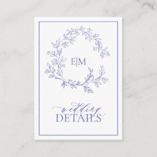 Periwinkle Leafy Crest Monogram Weddenschap Detail Informatiekaartje