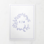 Periwinkle Leafy Crest Monogram Weddenschap Drieluik Uitnodiging (Cover)
