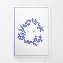 Periwinkle Leafy Crest Monogram Weddenschap Drieluik Uitnodiging