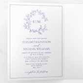 Periwinkle Leafy Crest Monogram Weddenschap Drieluik Uitnodiging (Binnenzijde eerst)