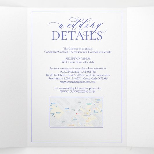 Periwinkle Leafy Crest Monogram Weddenschap Drieluik Uitnodiging (Binnenkant midden)