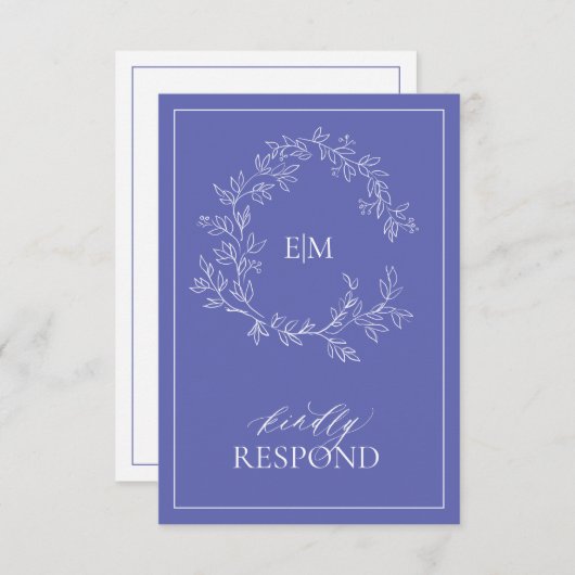 Periwinkle Leafy Crest Monogram Weddenschap RSVP-k RSVP Kaartje (Voorkant / Achterkant)
