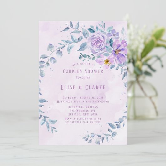 Periwinkle Lila Peony Wreath Couples Shower Kaart (Staand voorkant)