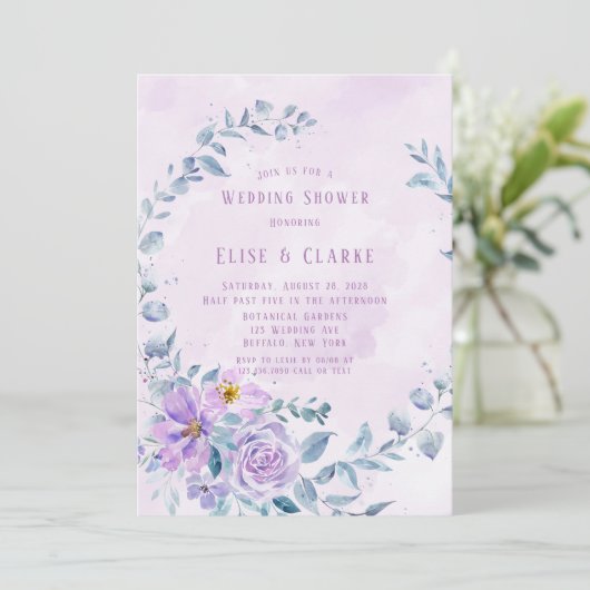Periwinkle Lila Peony Wreath Wedding Shower Kaart (Staand voorkant)