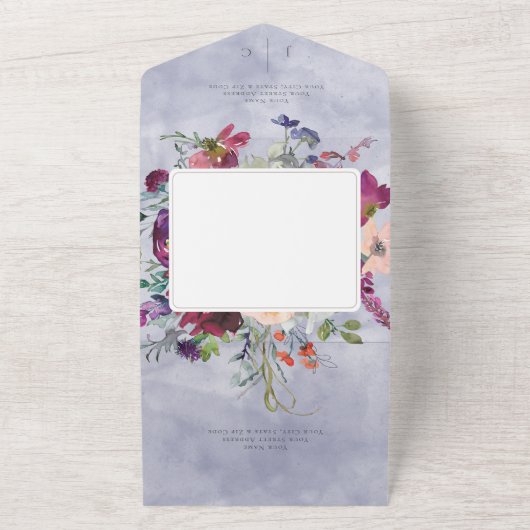 Periwinkle Maroon & Blush Rustic Floral No Dinner All In One Uitnodiging (Buitenkant)