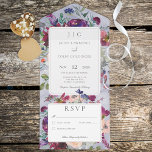Periwinkle Maroon & Blush Rustic Floral No Dinner All In One Uitnodiging<br><div class="desc">BESCHIKBAAR MET OF ZONDER EEN QR-CODE. Dit ontwerp kenmerkt een monogram van de initialen van het paar in een witte tekstvakje. De doos is omringd door een prachtige assortiment van periwinkle blauw, wazig, maron en roze waterverf bloemen. De achtergrond is de waterverf. Een andere achtergrondflorale regeling benadrukt de reactiekaart. Creëer...</div>