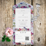 Periwinkle Maroon & Blush Rustic Floral QR Code All In One Uitnodiging<br><div class="desc">BESCHIKBAAR MET OF ZONDER QR-CODE. Dit ontwerp kenmerkt een monogram van de initialen van het paar in een witte tekstvakje. De doos is omringd door een prachtige assortiment van periwinkle blauw, wazig, maron en roze waterverf bloemen. De achtergrond is de waterverf. Een andere achtergrondflorale regeling benadrukt de reactiekaart. Voeg een...</div>