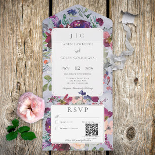 Periwinkle Maroon & Blush Rustic Floral QR Code All In One Uitnodiging