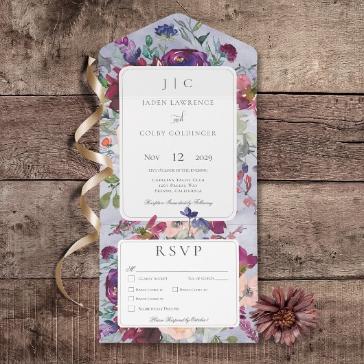 Periwinkle Maroon & Blush Rustiek Bloemen Diner All In One Uitnodiging