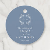 Periwinkle monogram bruiloft bedankjes labels (Voorkant)