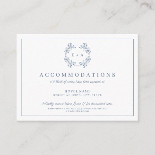 Periwinkle monogram bruiloft informatiekaartje (Voorkant)