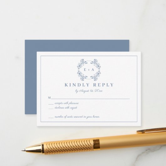  Periwinkle Monogram Bruiloft RSVP Kaart (Voorkant / Achterkant in situ)