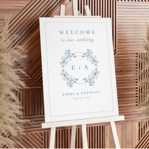 Periwinkle Monogram Bruiloft Welkomstbord Foto Afdruk