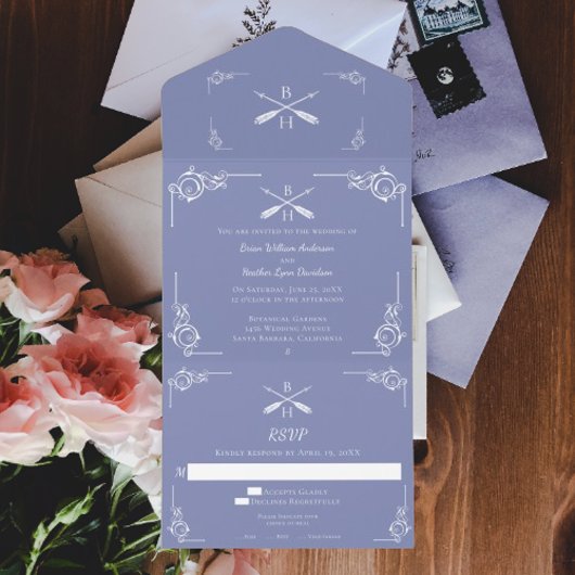 Periwinkle Monogram en Pijlen Bruiloft All In One Uitnodiging