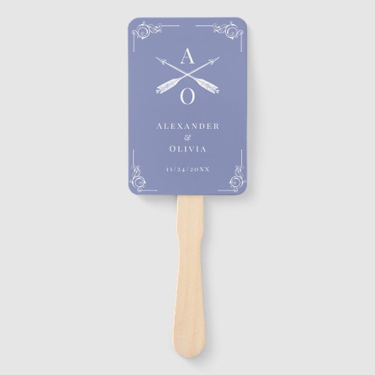 Periwinkle Monogram en pijlen bruiloft gunst Handwaaier (Voorkant)