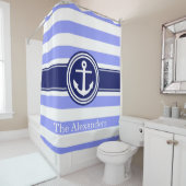 Periwinkle Navy Blue Rugby Stripe Anker Monogram Douchegordijn (In situ)