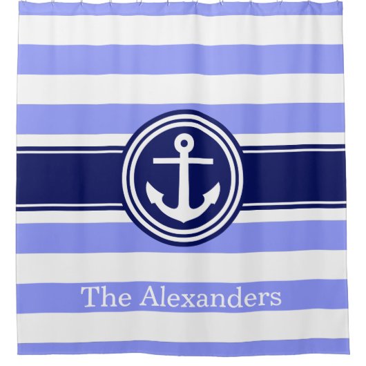 Periwinkle Navy Blue Rugby Stripe Anker Monogram Douchegordijn (Voorkant)