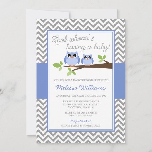 Periwinkle Owl Gray Chevron Girl Baby shower Kaart (Voorkant)