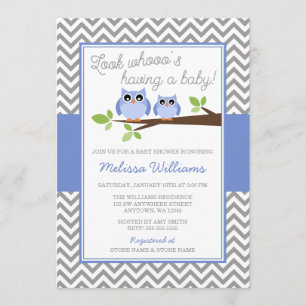 Periwinkle Owl Gray Chevron Girl Baby shower Kaart