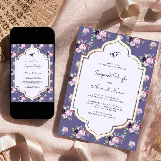 Periwinkle Paarse Bloemen Anand Karaj Sikh Bruilof Kaart