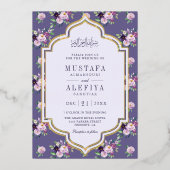 Periwinkle Paarse Bloemen Moslim Bruiloft Goud Folie Uitnodiging (Voorkant)