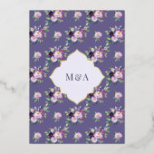 Periwinkle Paarse Bloemen Moslim Bruiloft Goud Folie Uitnodiging (Achterkant)