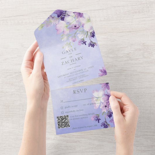 Periwinkle Paarse Boho Floral QR Code All In One Uitnodiging (Afscheurbaar)
