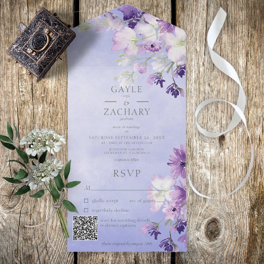 Periwinkle Paarse Boho Floral QR Code All In One Uitnodiging