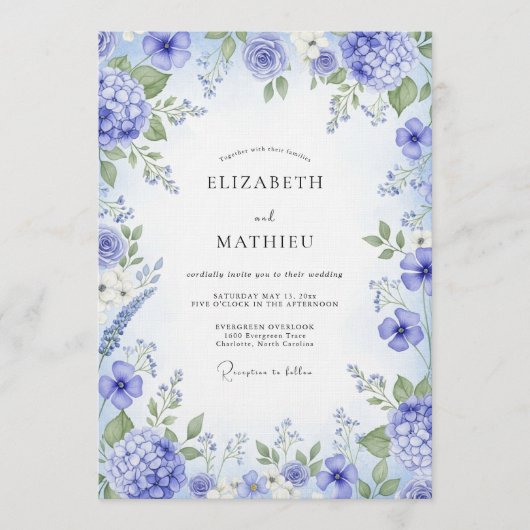 Periwinkle Painterly Bloom Wedding Kaart (Voorkant)