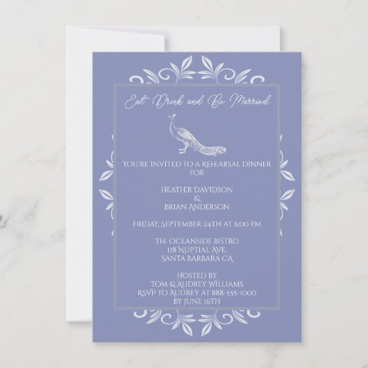 Periwinkle Peacock Flourish Rehearsal Dinner Kaart (Voorkant)