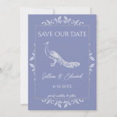 Periwinkle Peacock Flourish Save the Date Aankondiging (Voorkant)