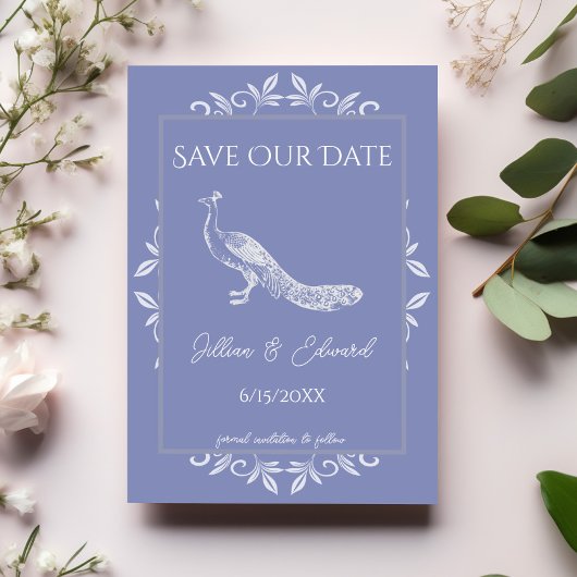 Periwinkle Peacock Flourish Save the Date Aankondiging